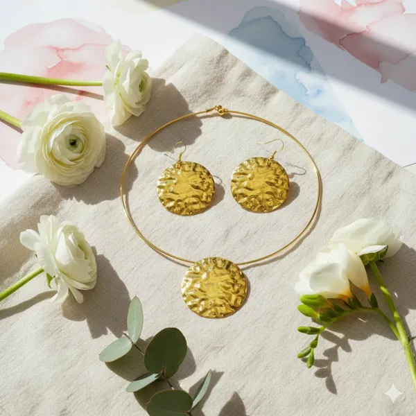 Golden_Textured_Disc_Necklace_&_Stud_Earrings_Set_-Jn112