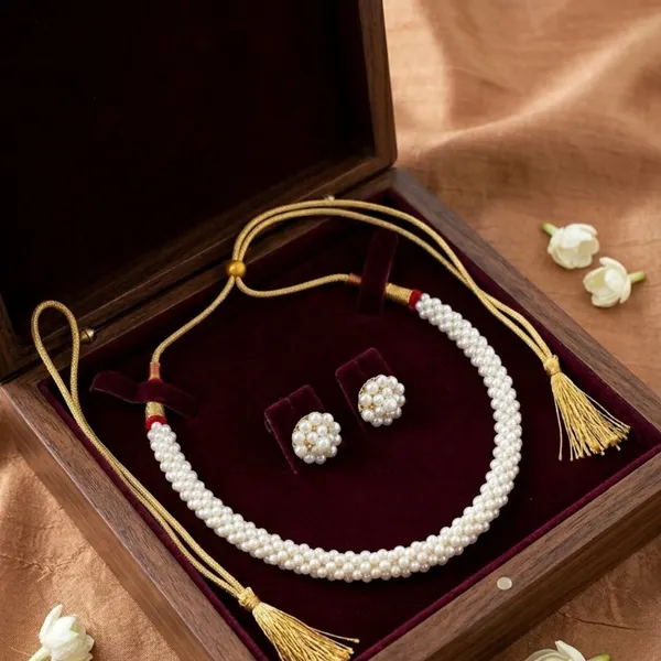 Elegant_White_Embroidered_Sheer_Saree_with_Pearl_Jewelry_Set