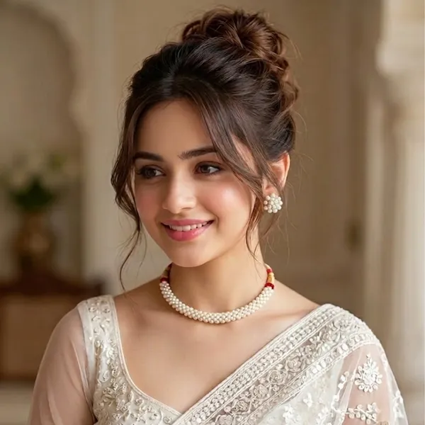 Elegant_White_Embroidered_Sheer_Saree_with_Pearl_Jewelry_Set