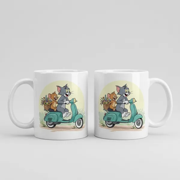White_Ceramic_Tom_And_Jerry_Scooter_Print_Coffee_Mug_Set_Of_2