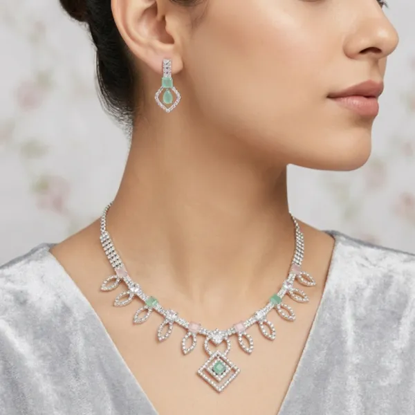 Mint_Green_Silver_Plated_Floral_Stone_Necklace_Set_For_Women