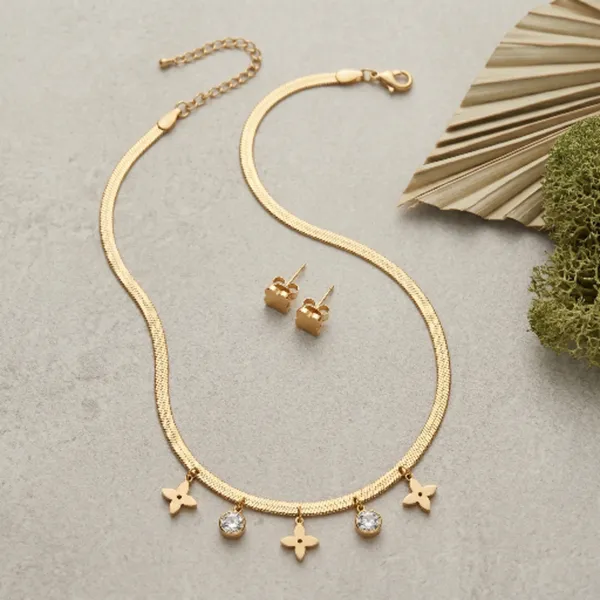 Gold_Plated_Floral_Herringbone_Choker_Necklace_Set_For_Women