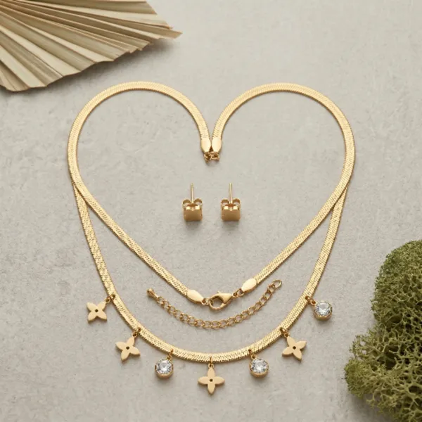 Gold_Plated_Floral_Herringbone_Choker_Necklace_Set_For_Women