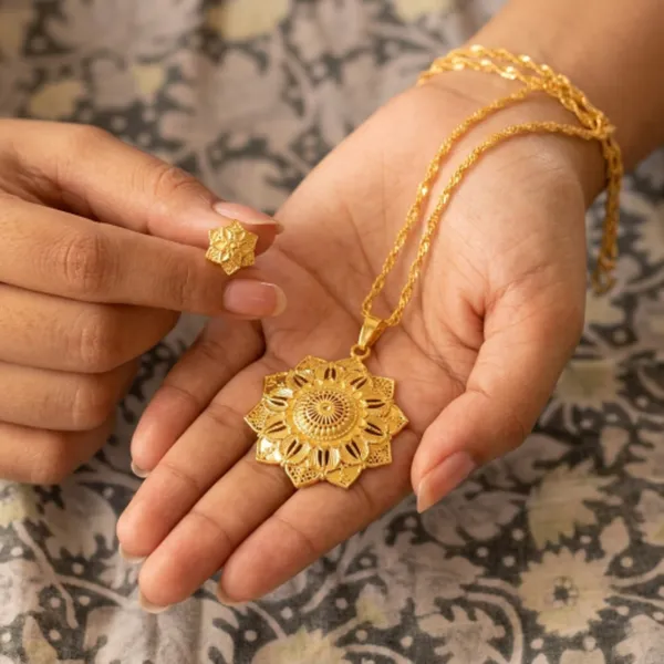 Gold_Plated_Floral_Pendant_Necklace_Stud_Earrings_Set_For_Women