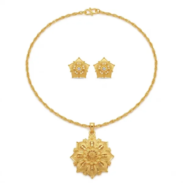 Gold_Plated_Floral_Pendant_Necklace_Stud_Earrings_Set_For_Women