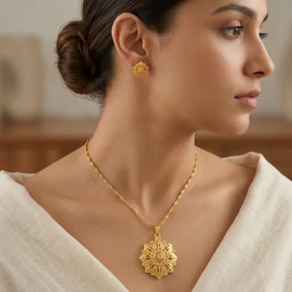 Gold_Plated_Floral_Pendant_Necklace_Stud_Earrings_Set_For_Women