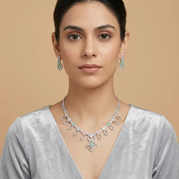 Mint_Green_Silver_Plated_Floral_Stone_Necklace_Set_For_Women