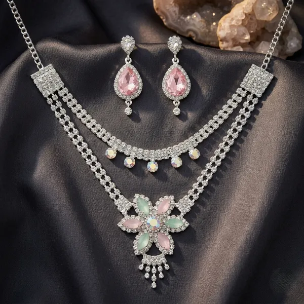 White_Silver_Plated_Floral_Cubic_Zirconia_Choker_Set_For_Women