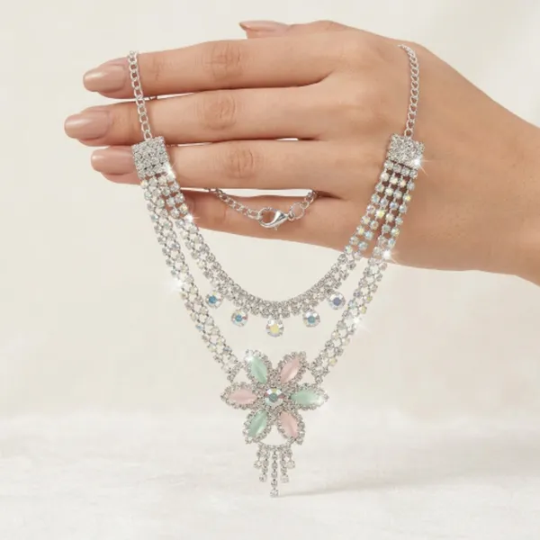 White_Silver_Plated_Floral_Cubic_Zirconia_Choker_Set_For_Women