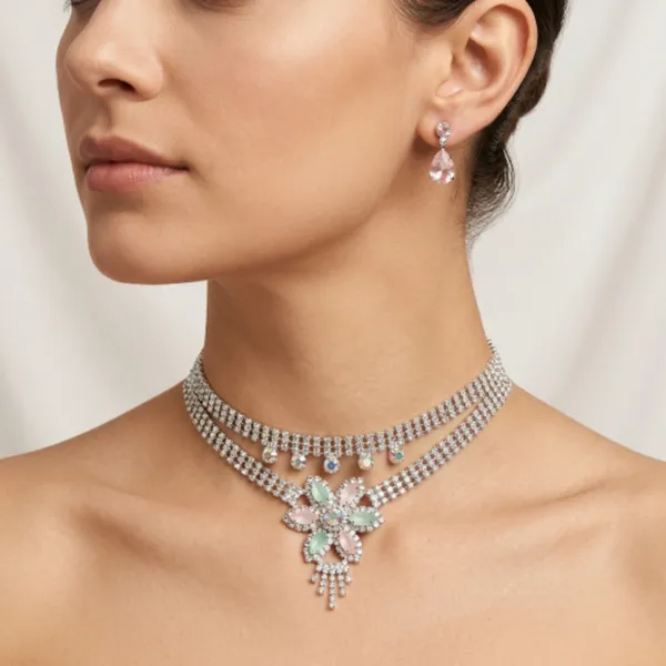 White_Silver_Plated_Floral_Cubic_Zirconia_Choker_Set_For_Women
