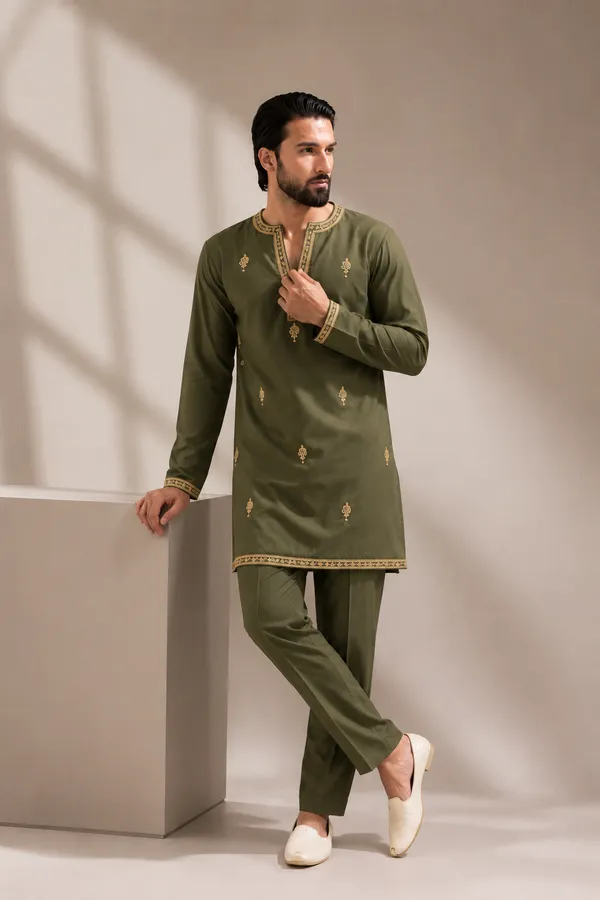 Men's_Olive_Green_Embroidered_Kurta_Pajama_Set