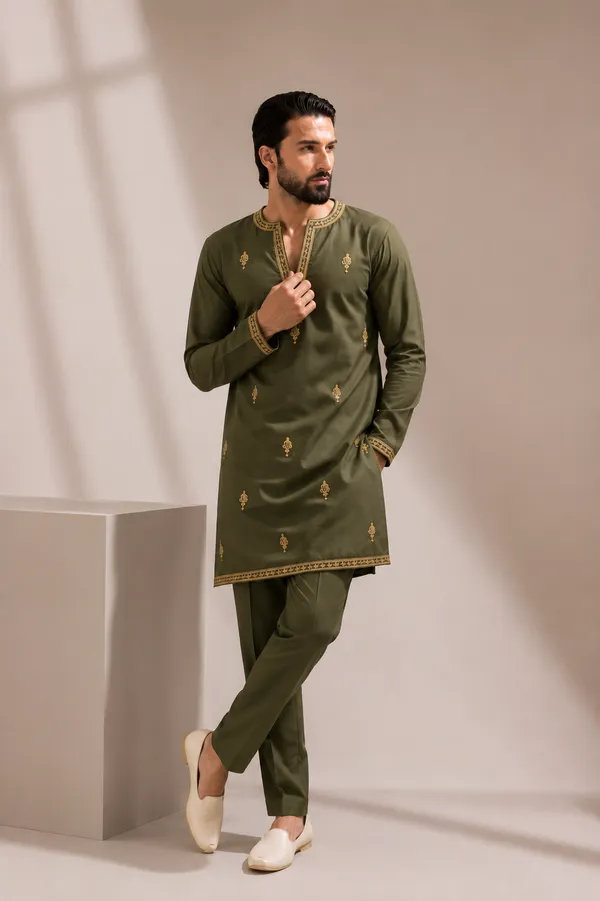 Men's_Olive_Green_Embroidered_Kurta_Pajama_Set