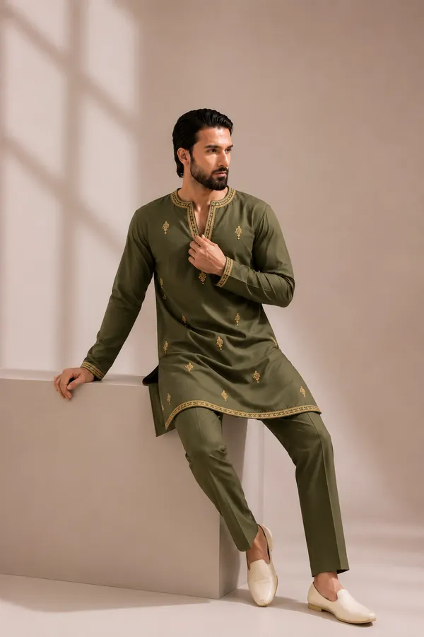 Men's_Olive_Green_Embroidered_Kurta_Pajama_Set