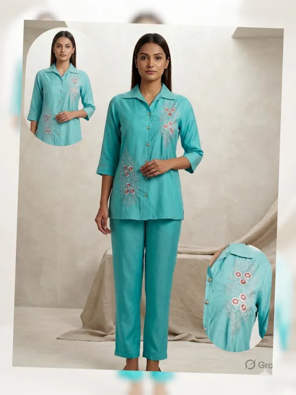 Turquoise_Cotton_Embroidered_Button_Down_Night_Suit_For_Women