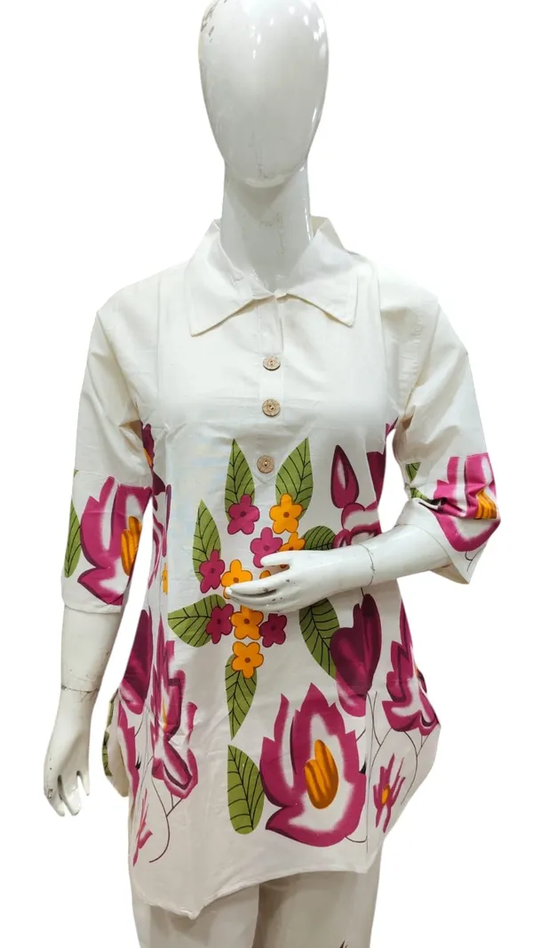 White_Khadi_Cotton_Relaxed_Floral_Print_Tunic_Set_For_Women