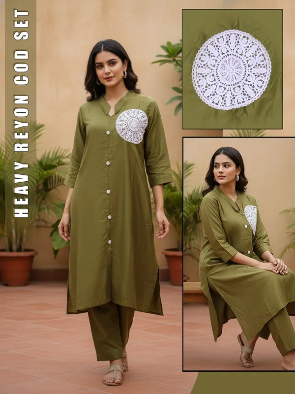 Olive_Green_Rayon_Solid_Crochet_Pocket_Kurta_Set_For_Women