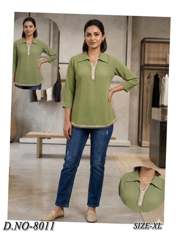 Olive_Green_Cotton_Blend_Collared_Top_For_Women