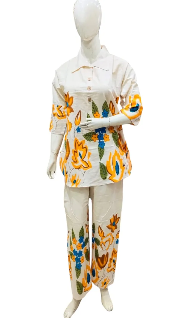 White_Khadi_Cotton_Floral_Print_Shirt_And_Pants_Set_For_Women