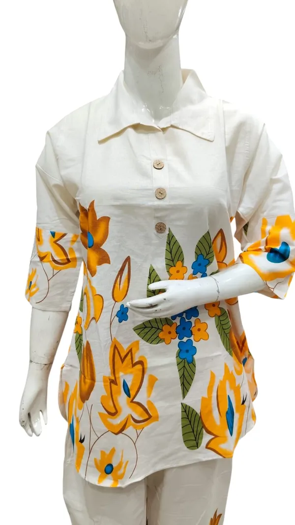 White_Khadi_Cotton_Floral_Print_Shirt_And_Pants_Set_For_Women