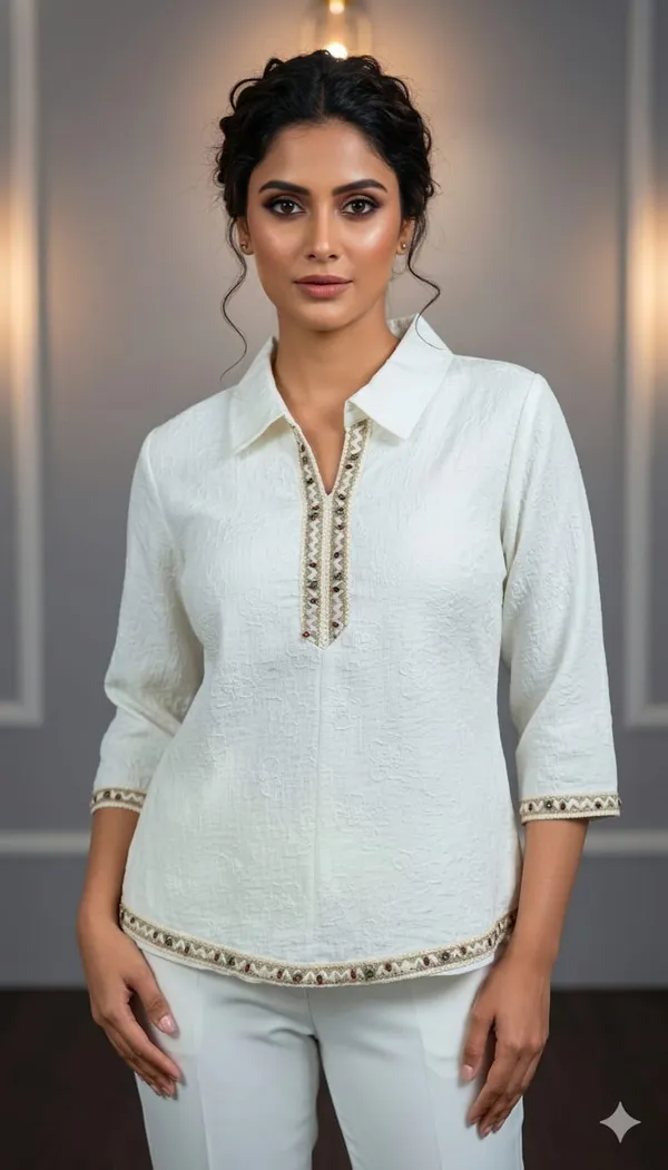 White_Crepe_Relaxed_Embroidered_Collar_Tunic_Top_For_Women