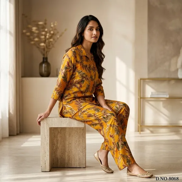 Mustard_Yellow_Rayon_Floral_Print_Coord_Set_For_Women