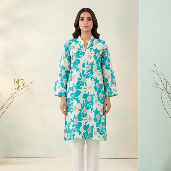 Turquoise_Cotton_Floral_Print_Kurti_For_Women