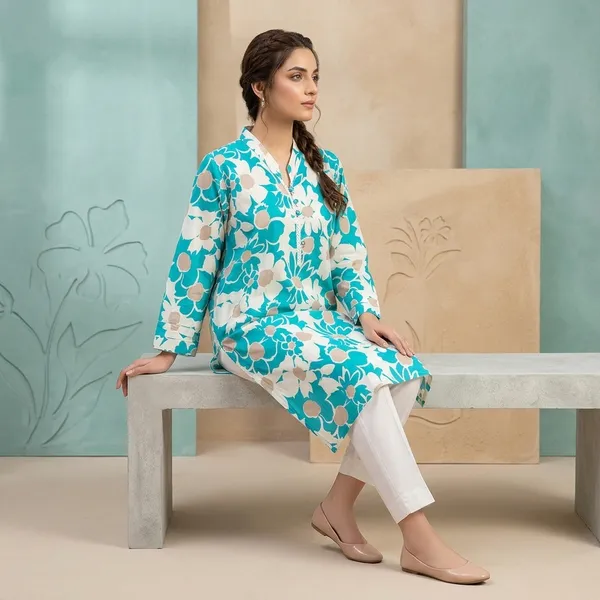 Turquoise_Cotton_Floral_Print_Kurti_For_Women
