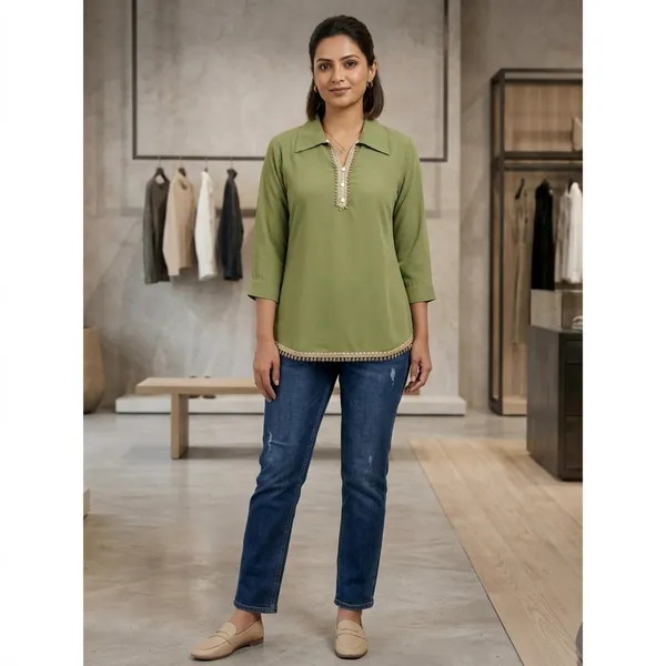 Olive_Green_Cotton_Blend_Collared_Top_For_Women