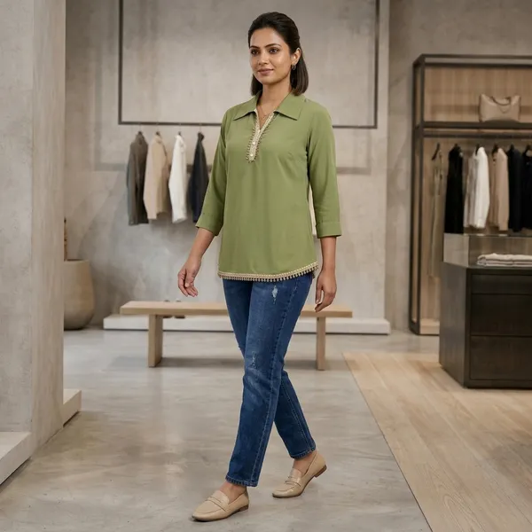 Olive_Green_Cotton_Blend_Collared_Top_For_Women