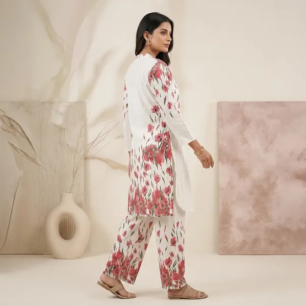 White_Khadi_Cotton_Floral_Print_Kurta_Set_For_Women