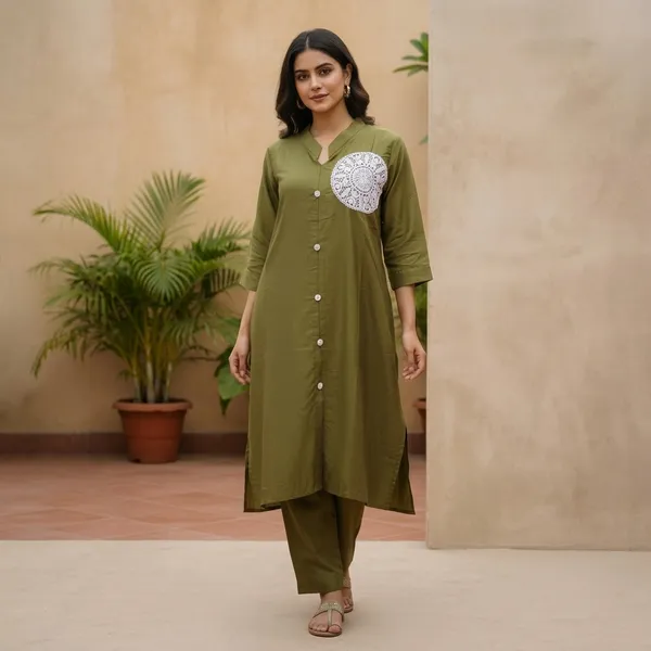 Olive_Green_Rayon_Solid_Crochet_Pocket_Kurta_Set_For_Women