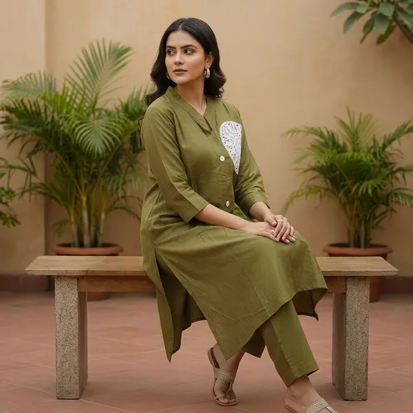 Olive_Green_Rayon_Solid_Crochet_Pocket_Kurta_Set_For_Women
