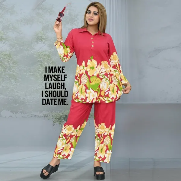 Coral_Cotton_Floral_Print_Collared_Tunic_Set_For_Women