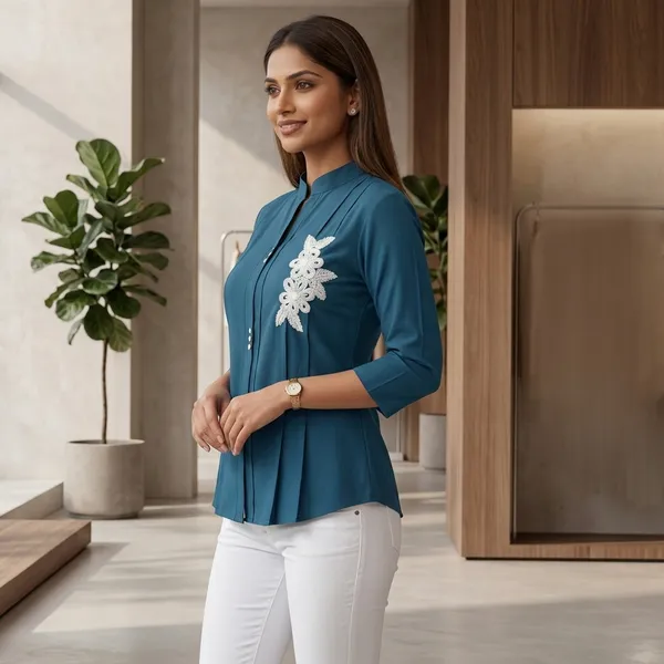 Teal_Blue_Cotton_Floral_Embroidered_Top_For_Women