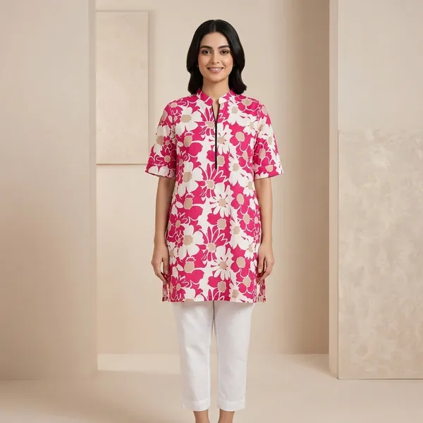 Pink_Cotton_Floral_Print_Short_Sleeve_Kurti_For_Women