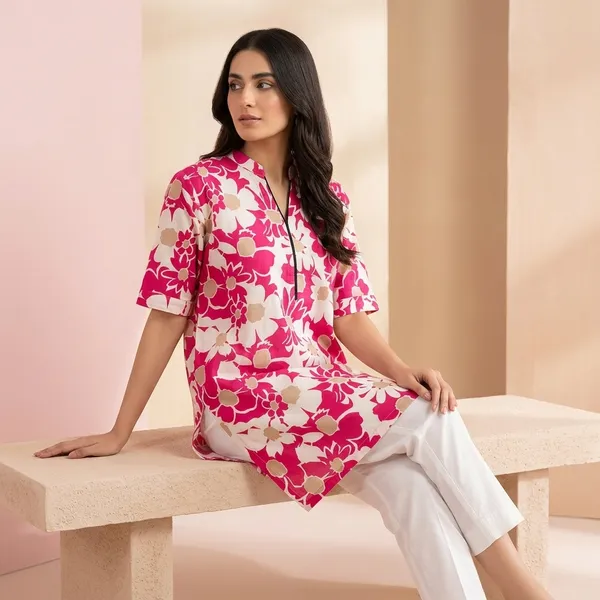 Pink_Cotton_Floral_Print_Short_Sleeve_Kurti_For_Women