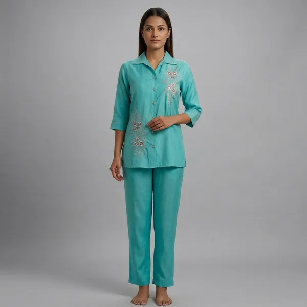 Turquoise_Cotton_Embroidered_Button_Down_Night_Suit_For_Women