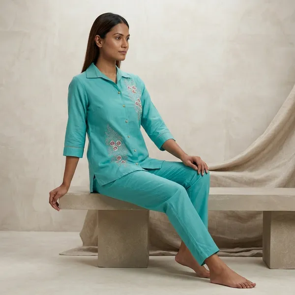 Turquoise_Cotton_Embroidered_Button_Down_Night_Suit_For_Women