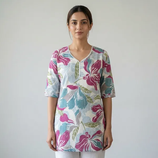 White_Cotton_Floral_Print_Half_Sleeve_Kurti_For_Women