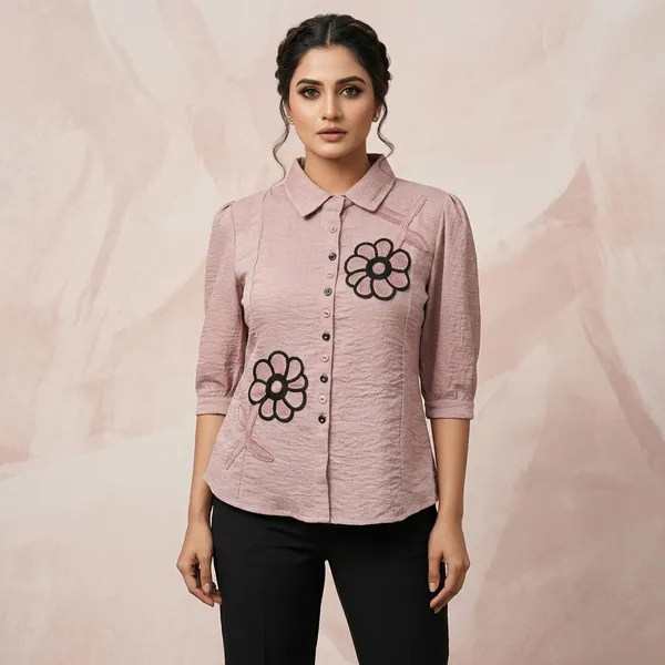 Pink_Crepe_Floral_Embroidered_Collared_Shirt_For_Women
