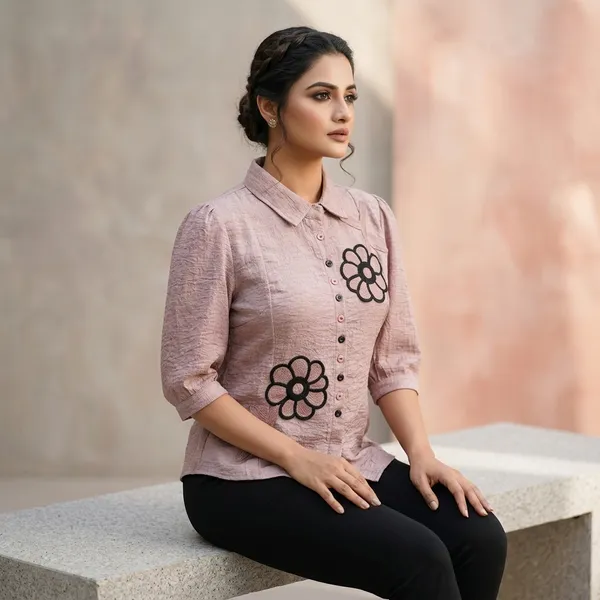 Pink_Crepe_Floral_Embroidered_Collared_Shirt_For_Women