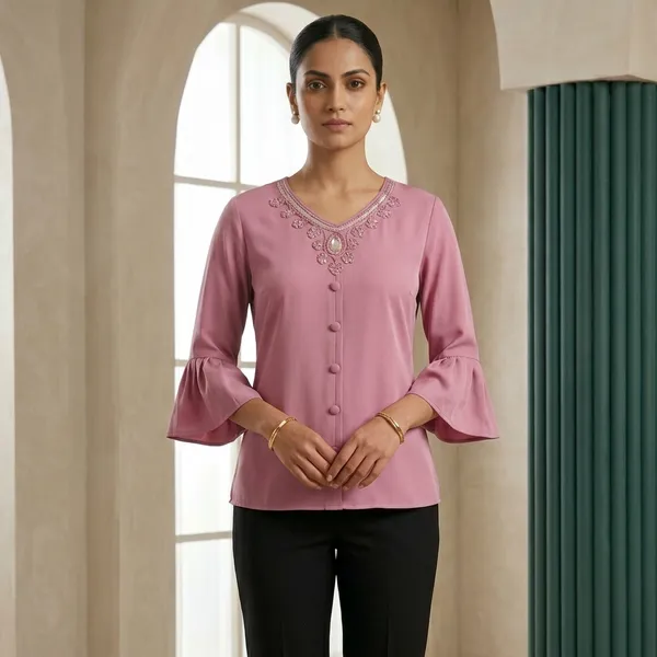 Pink_Crepe_Bell_Sleeve_Embroidered_Top_For_Women
