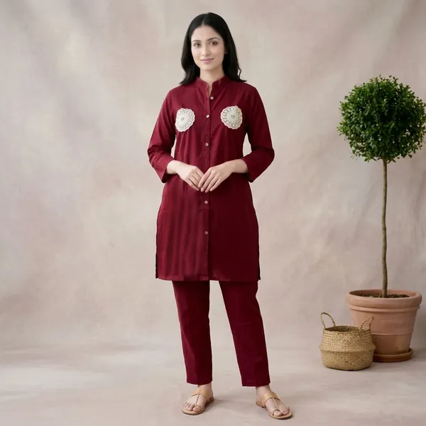 Maroon_Heavy_Rayon_Straight_Embroidered_Coord_Set_For_Women