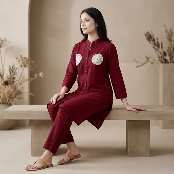 Maroon_Heavy_Rayon_Straight_Embroidered_Coord_Set_For_Women