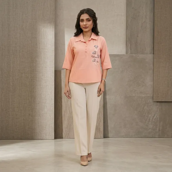 Peach_Crepe_Relaxed_Embroidered_Polo_Collar_Top_For_Women