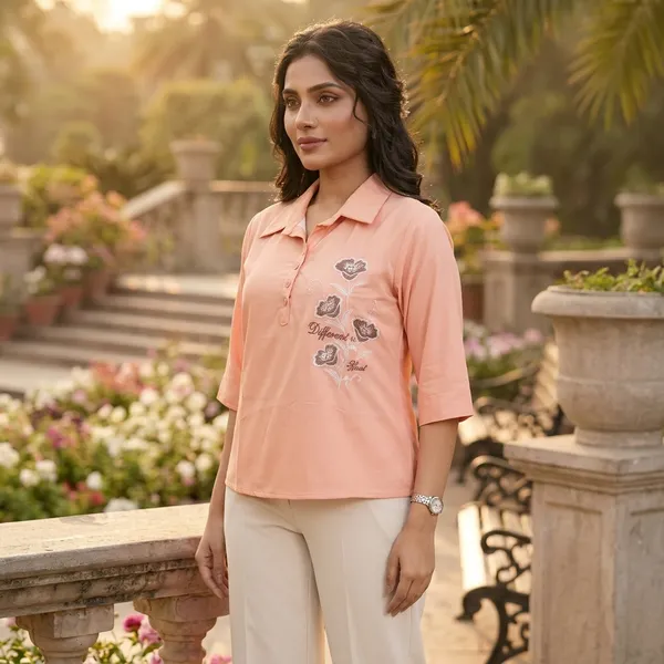 Peach_Crepe_Relaxed_Embroidered_Polo_Collar_Top_For_Women