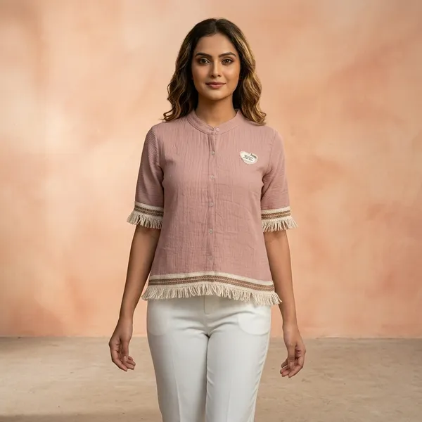 Peach_Crepe_Relaxed_Fringe_Detail_Button_Front_Top_For_Women