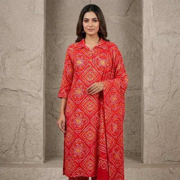 Red_Rayon_Straight_Bandhani_Print_Kurta_For_Women