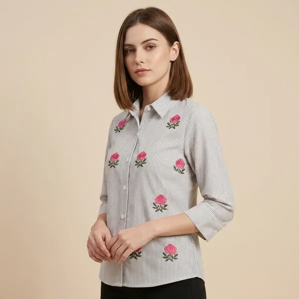 White_Cotton_Striped_Rose_Embroidered_Full_Sleeve_Shirt_For_Girls