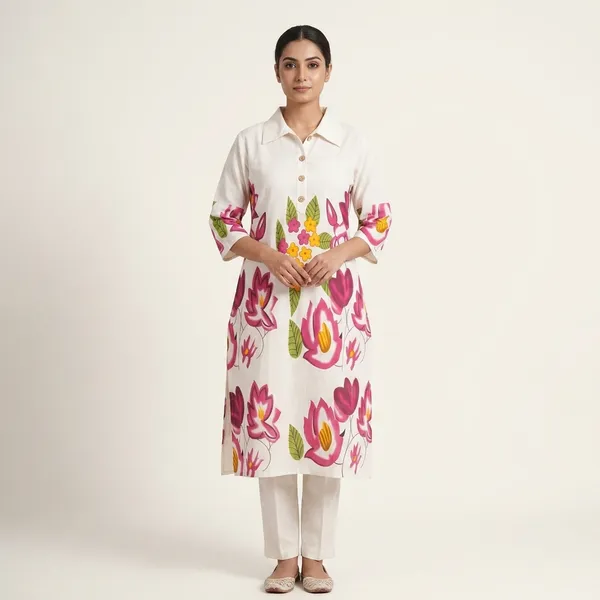 White_Khadi_Cotton_Relaxed_Floral_Print_Tunic_Set_For_Women